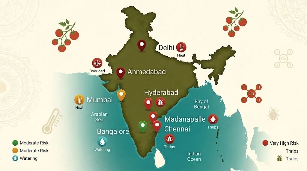 India map showing spider mite risk level for container gardens across Indian cities from Bangalore moderate to Delhi extreme based on temperature and humidity