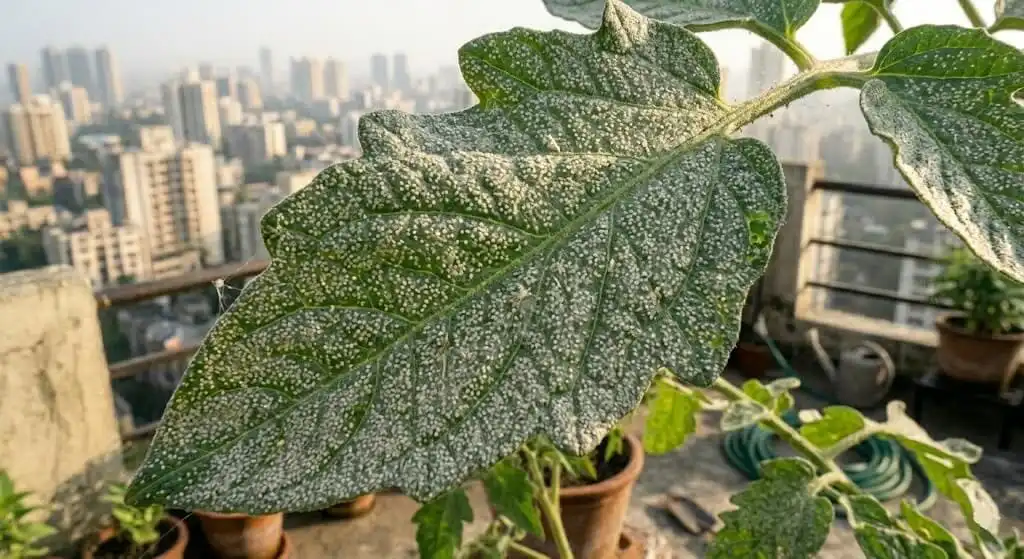 Close-up of tomato leaf showing fine silvery stippling damage from spider mites — tiny pale dots uniformly covering upper leaf surface