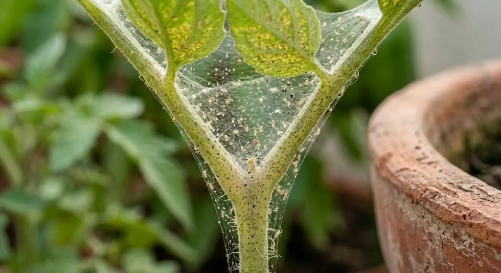 Close-up of fine silky spider mite webbing at tomato stem-leaf junction with stippled leaf underside visible — established infestation sign