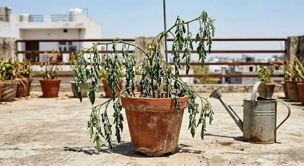 Severely wilted Pusa Ruby tomato plant in terracotta pot on Madanapalle terrace in 43 degree summer afternoon heat