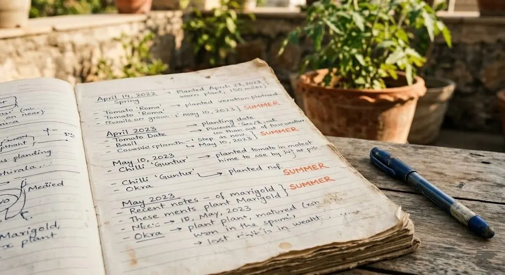 Handwritten gardening notebook showing nutrient deficiency observations across summer and other seasons Madanapalle 2022-2024