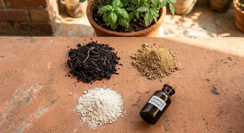 Organic feeding routine for Indian summer container gardens — vermicompost, neem cake, bone meal and seaweed extract on terrace