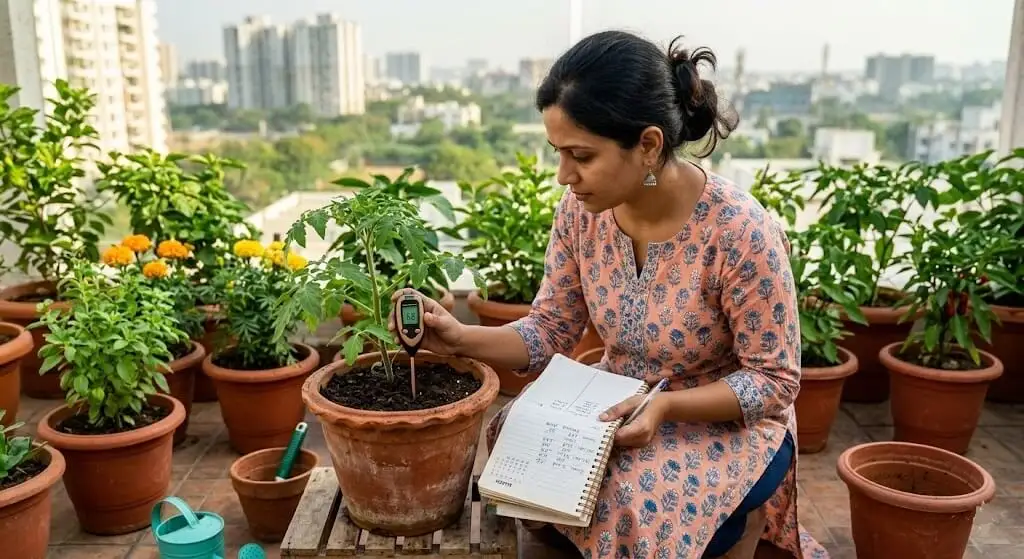 Indian container gardener checking pH with meter and notebook showing March to June summer monitoring routine on terrace