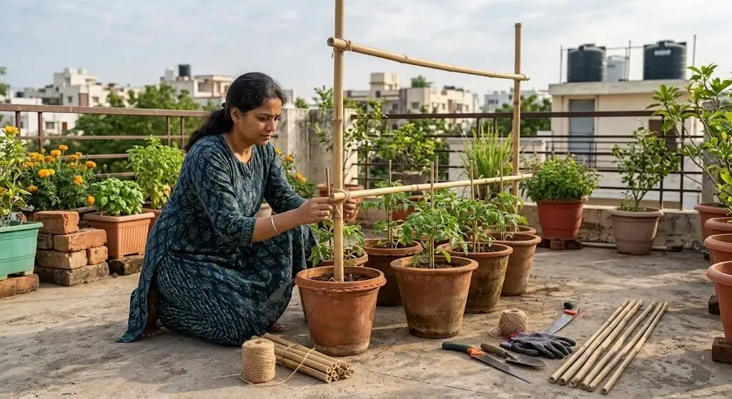 Indian gardener installing shade cloth frame in April before tomato flowering season to prevent heat-related fruit set failure