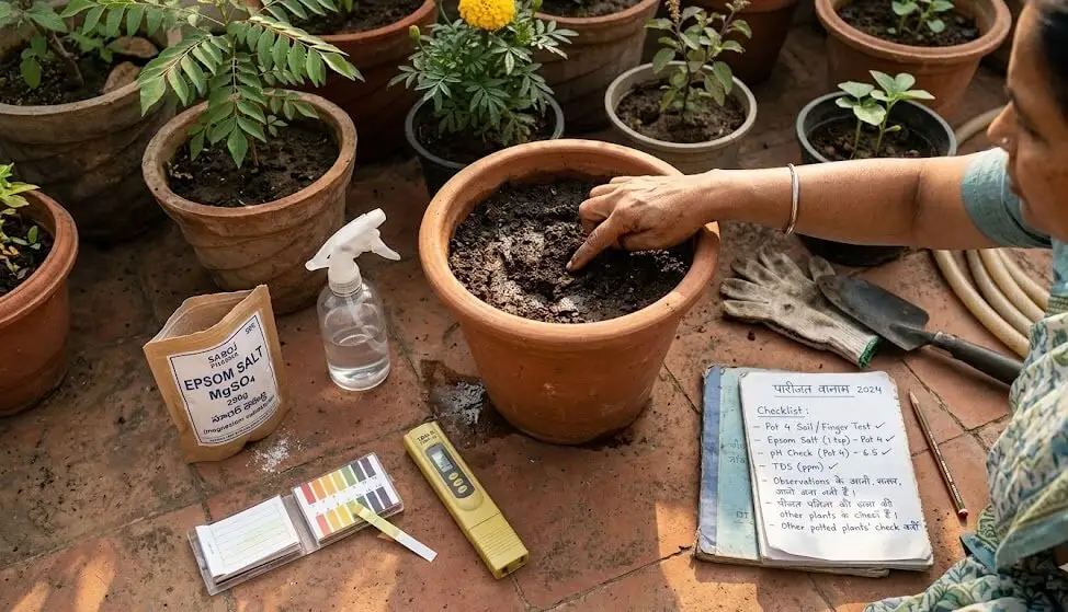 5-minute Sunday morning plant health check routine items — finger test, pH strips, TDS meter, spray bottle for Indian balcony garden