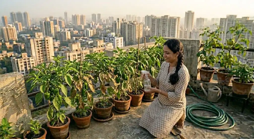 Indian woman on Hyderabad 5th floor apartment terrace with capsicum container plants showing recovery after baking soda powdery mildew treatment