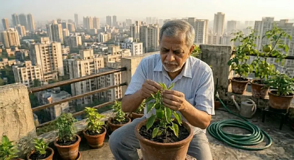 Suresh examining aphid colony on capsicum growing tip during phone diagnosis April 2023 identifying sticky honeydew and nursery plant entry
