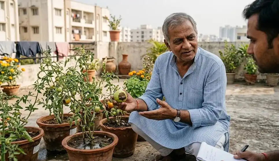 Suresh examining blossom end rot affected tomato explaining calcium transport failure mechanism on Madanapalle terrace