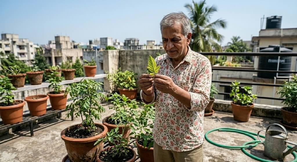 Retired agriculture officer examining tomato plant leaf for iron deficiency on Madanapalle terrace in summer late May