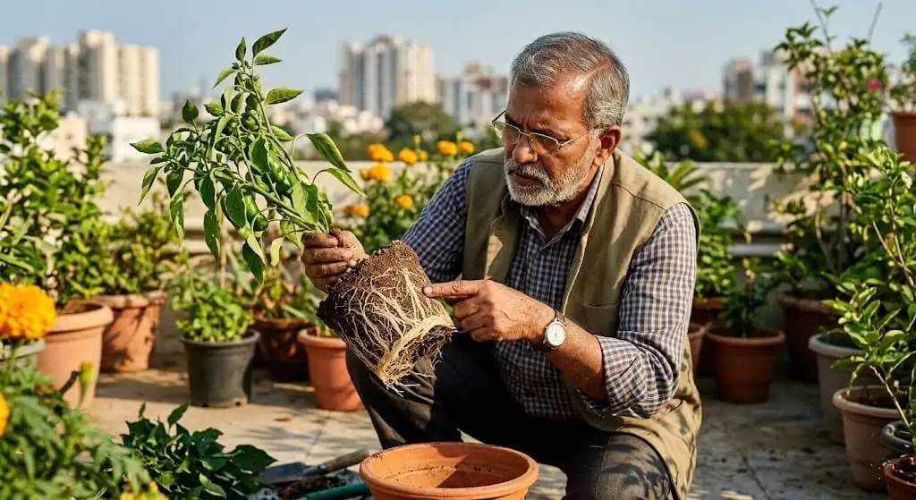 Retired agriculture officer examining capsicum plant roots showing absent mycorrhizal fungal hyphae after systemic insecticide application