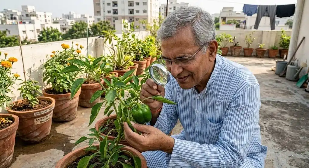 Suresh examining capsicum stem junction with magnifying glass showing thrips feeding damage causing fruit drop Madanapalle terrace