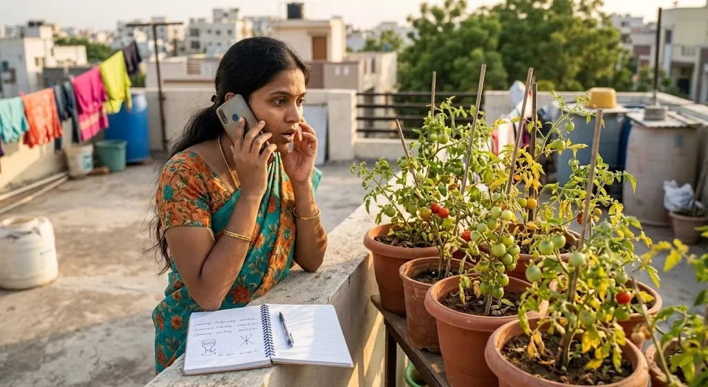 Indian gardener receiving Suresh timing diagnosis by phone for whitefly spray interval Madanapalle