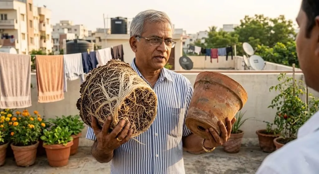 uresh demonstrating slide-out root inspection of capsicum plant showing dense root-bound ball Madanapalle terrace May 2022