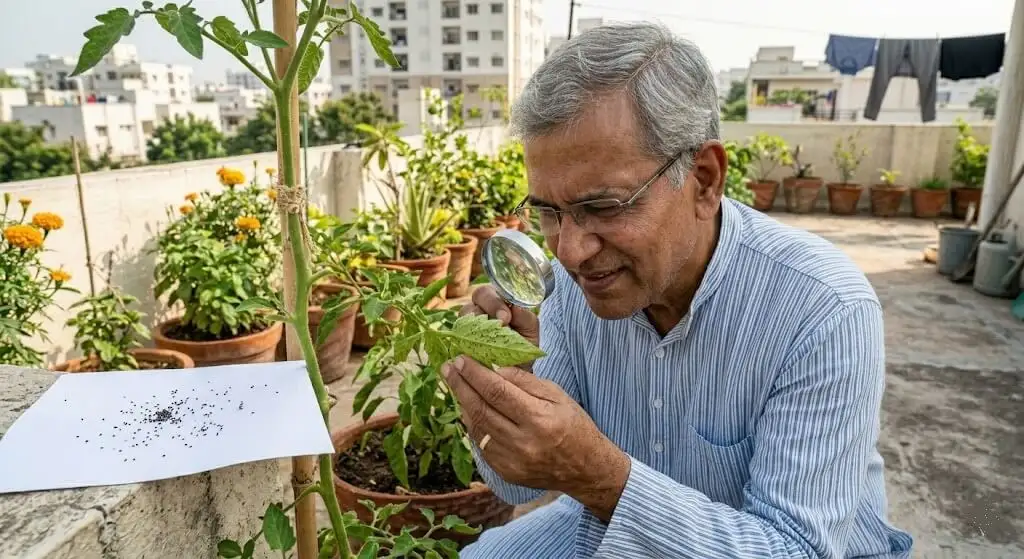 Suresh examining tomato plant leaf underside with magnifying glass during spider mite diagnosis on Madanapalle terrace May 2022