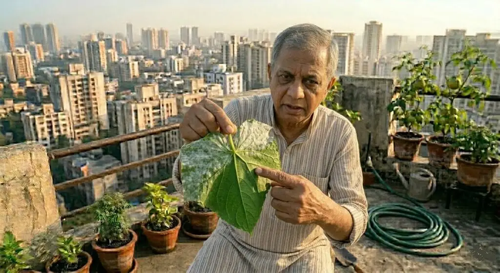 Suresh turning cucumber leaf over showing completely clean underside during powdery mildew diagnosis on Madanapalle terrace May 2022