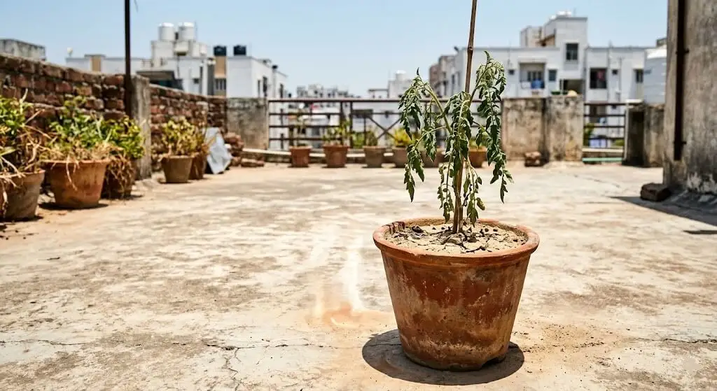Indian apartment terrace concrete reaching 60 degrees in summer causing top soil of container pots to dry completely within hours of watering