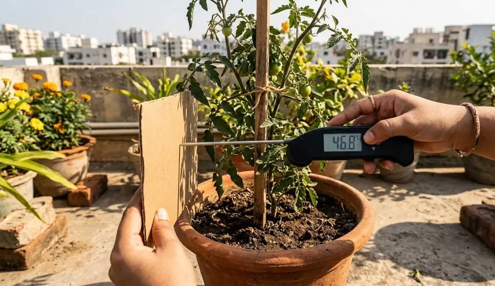 Digital thermometer showing 48°C reading at pot-rim height beside tomato plant on Indian apartment terrace in May summer