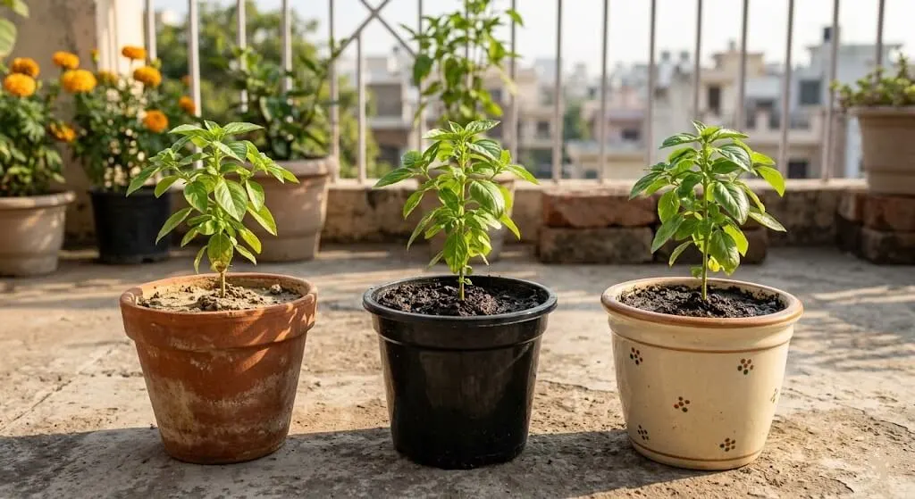 Three container pots side by side — terracotta, black plastic, ceramic — showing different moisture retention requiring different watering
