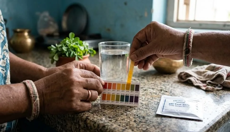 Testing Indian tap water pH with pH test strips — high alkaline pH causes iron deficiency yellow leaves in container plants