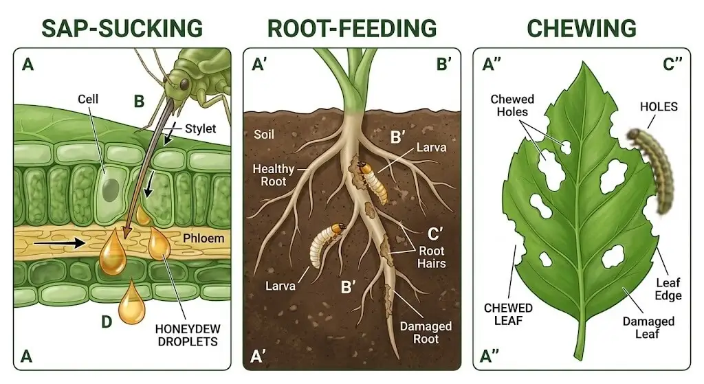 Diagram showing three pest damage mechanisms in container plants — sap-sucking, root-feeding, and chewing pests