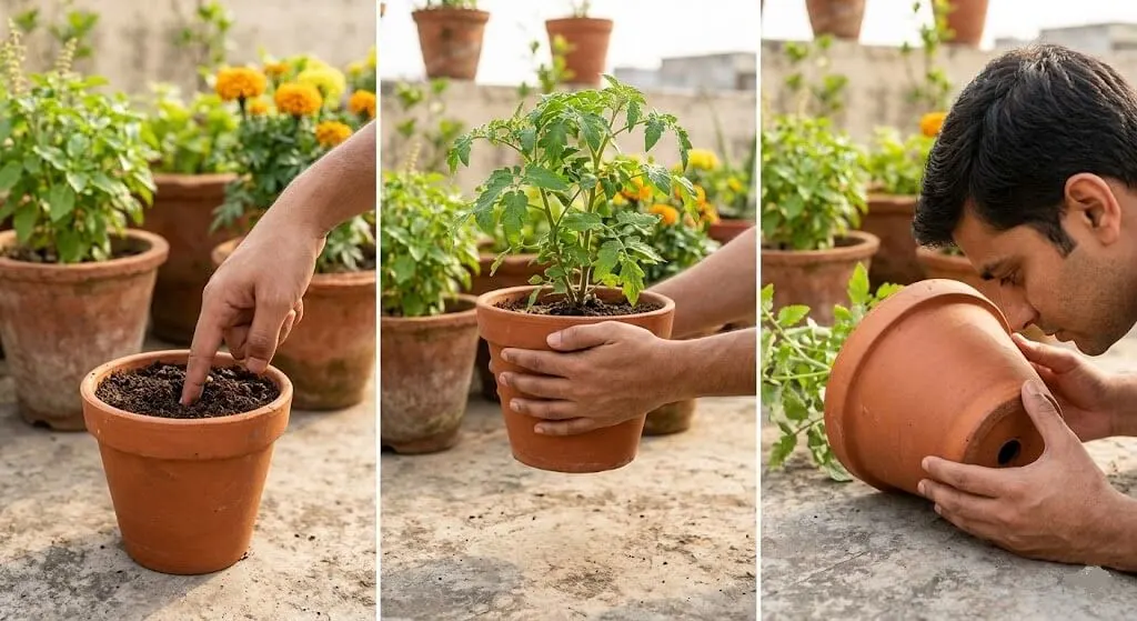 Three panel image showing the finger test, pot lift test, and drainage hole smell check for diagnosing overwatering vs underwatering