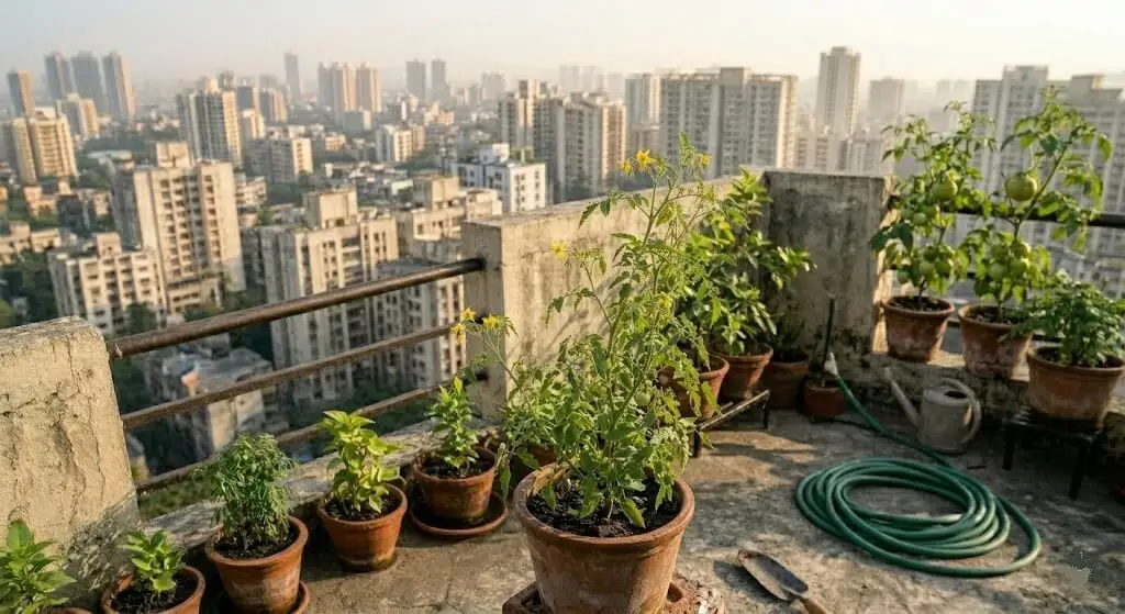 Container tomato plants positioned at exposed edge of high-rise terrace to use wind for pollination — not sheltered behind parapet wall