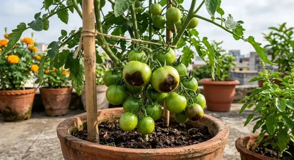Tomato first fruit cluster showing healthy developing fruits alongside fruits with dark blossom end patches Indian terrace summer