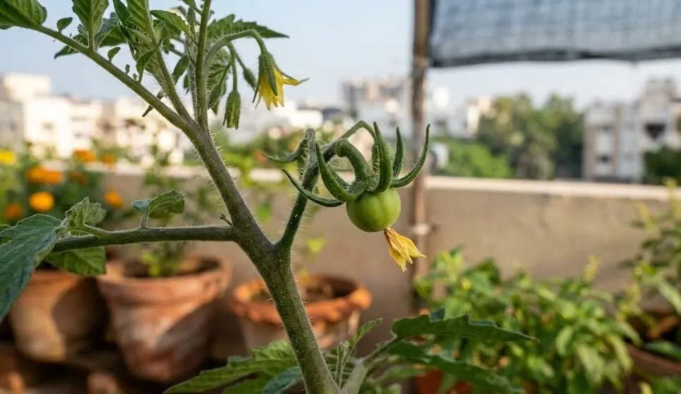 Small green tomato fruit developing behind a flower on Indian terrace plant after shade cloth installation — first successful fruit set