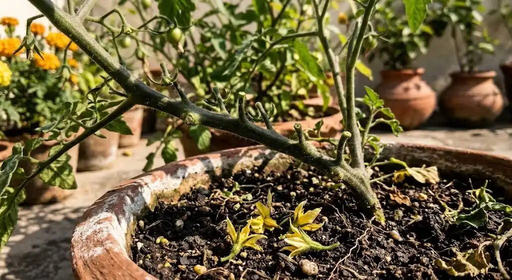 Close-up of tomato stem showing clean flower drop at pedicel junction — the signature pattern of heat-induced pollen sterility fruit set failure