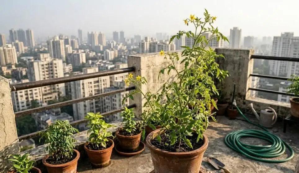 Tomato plant with multiple open yellow flowers but no developing fruit visible on Indian high-rise apartment terrace balcony