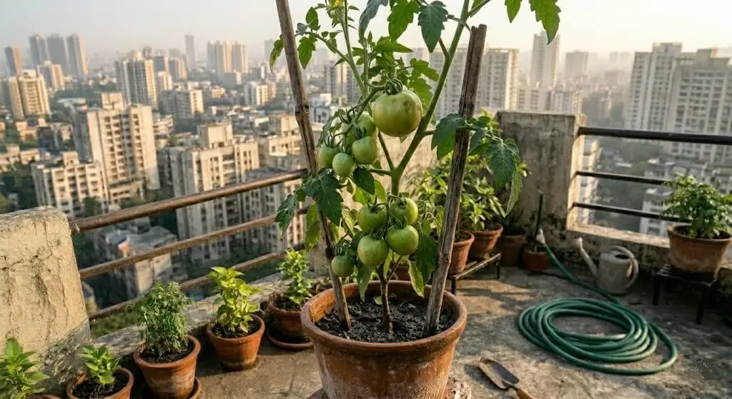 Container tomato plant on Indian high-rise terrace showing multiple developing green fruits after two weeks of daily electric toothbrush hand-pollination