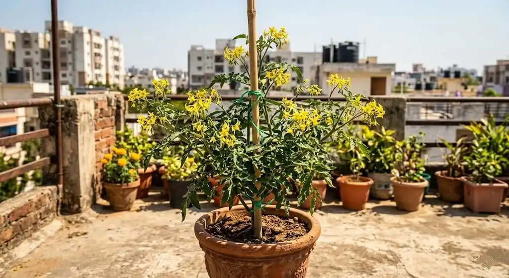 Tomato plant on Indian balcony terrace with abundant yellow flowers but no developing fruit visible in summer heat
