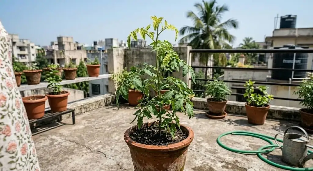 omato plant on Indian summer terrace showing new growing-tip leaves with interveinal chlorosis from iron deficiency pH lockout