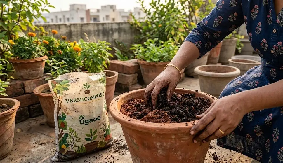 Vermicompost being mixed into container pot soil as base calcium amendment for blossom end rot prevention at season start