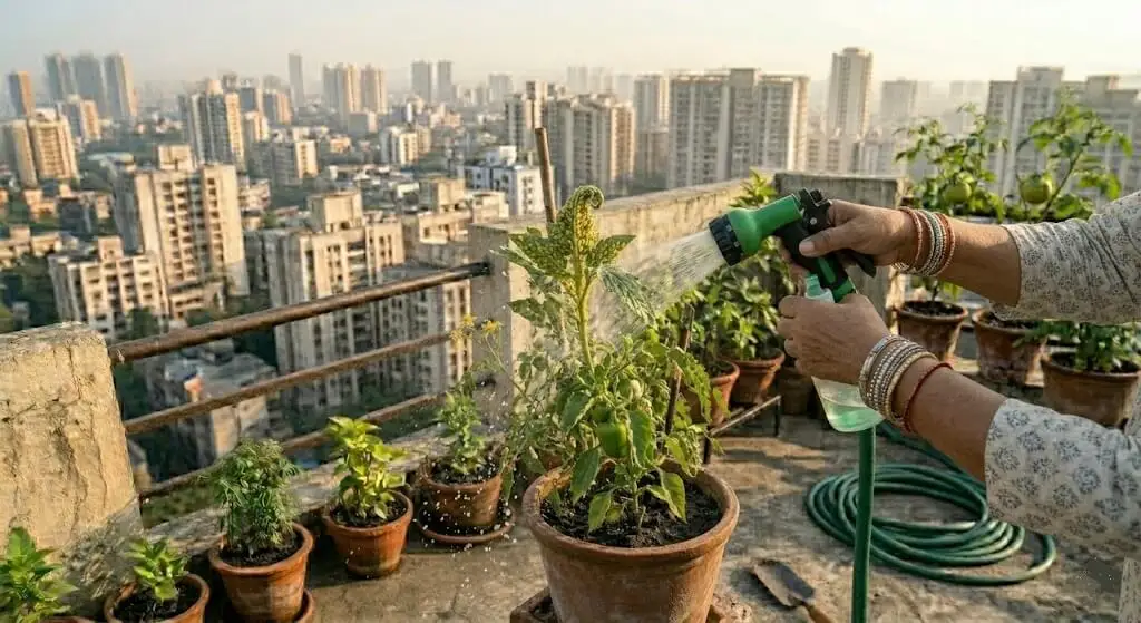 Indian gardener directing strong water spray specifically at tomato growing tip to physically dislodge aphid colony before neem soap spray