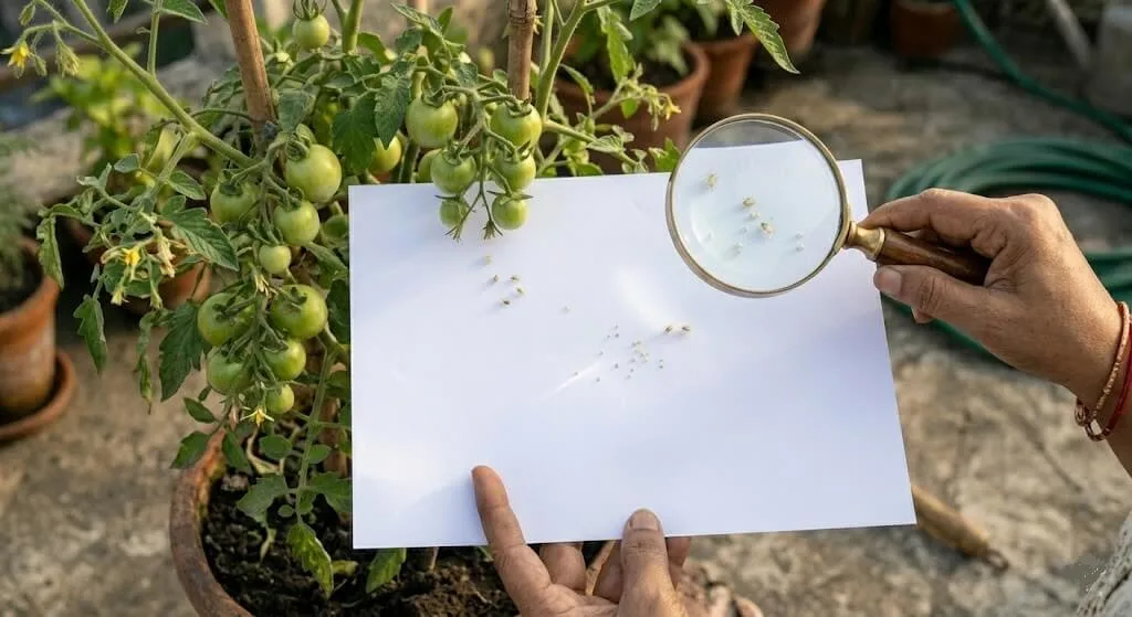 White paper after tap test showing tiny moving dots confirming spider mite presence on Indian container garden tomato plant