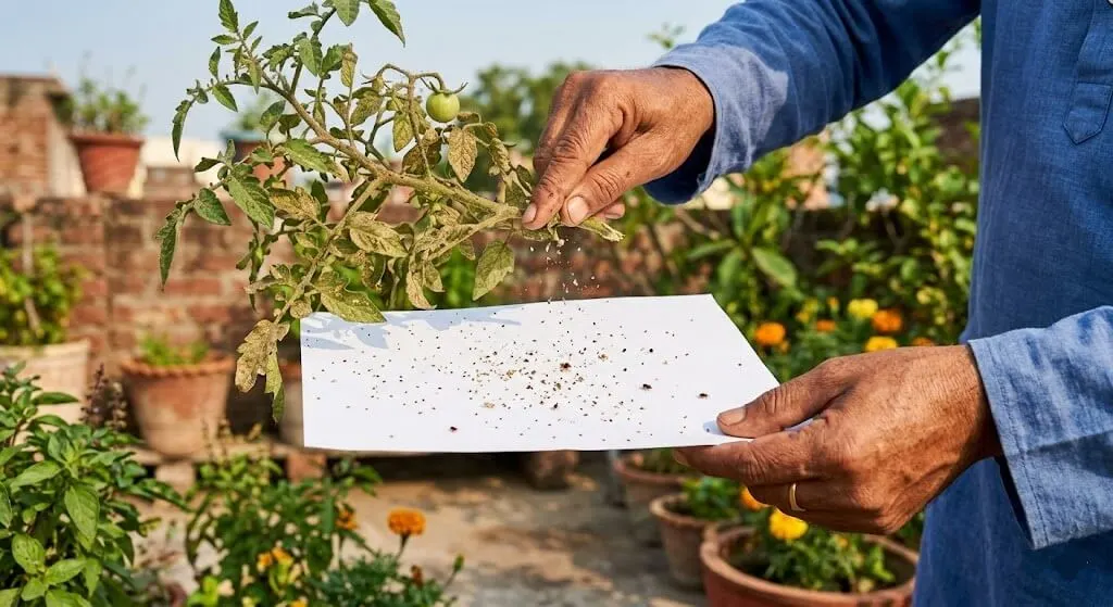 Indian gardener doing white paper tap test for spider mite detection on container plant — holding paper under tomato branch