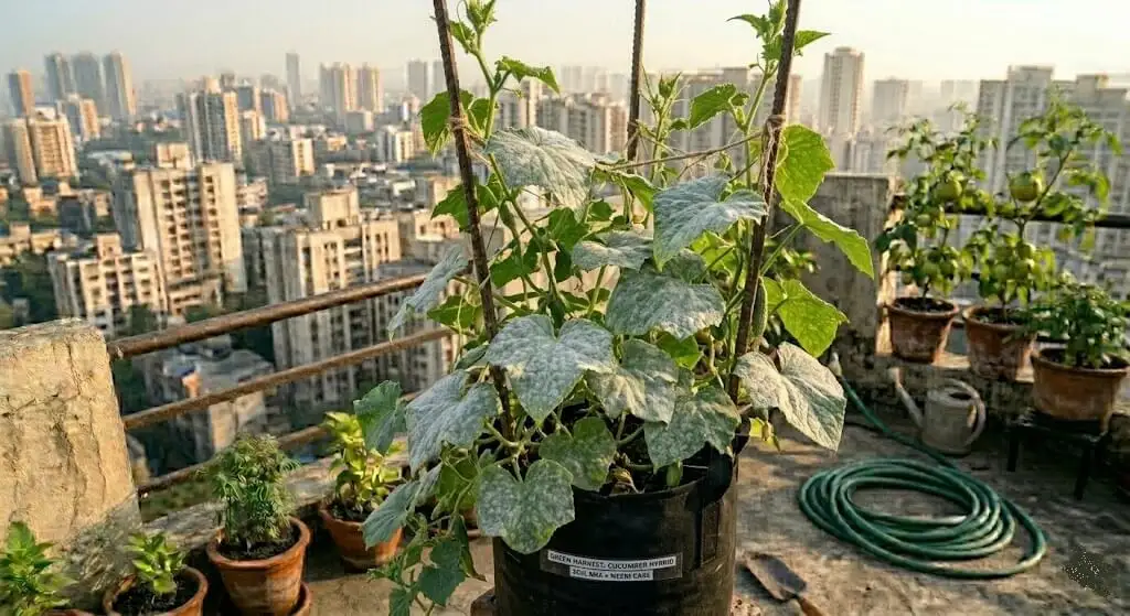 Cucumber plant leaves covered in white powdery mildew appearing like flour dusted on upper leaf surfaces — Indian summer container terrace