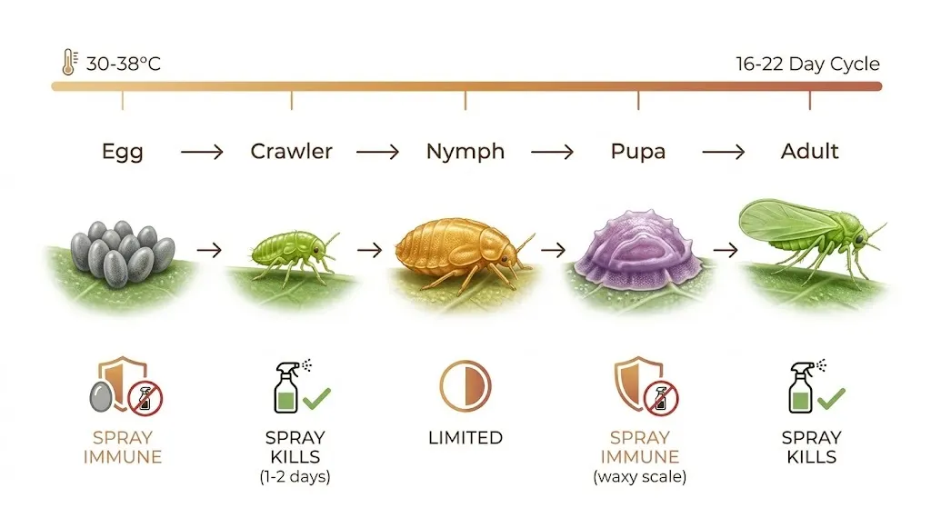Scientific diagram 4 whitefly life stages spray vulnerability labelled Indian summer temperatures 16-22 day cycle