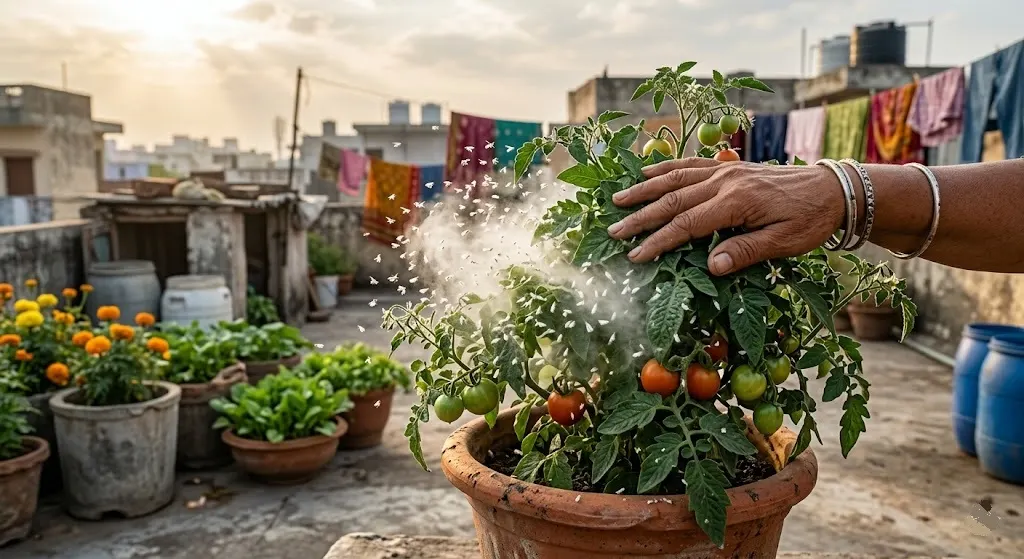 Extreme macro of whitefly adults and pupal scale structures on tomato leaf underside Indian summer terrace