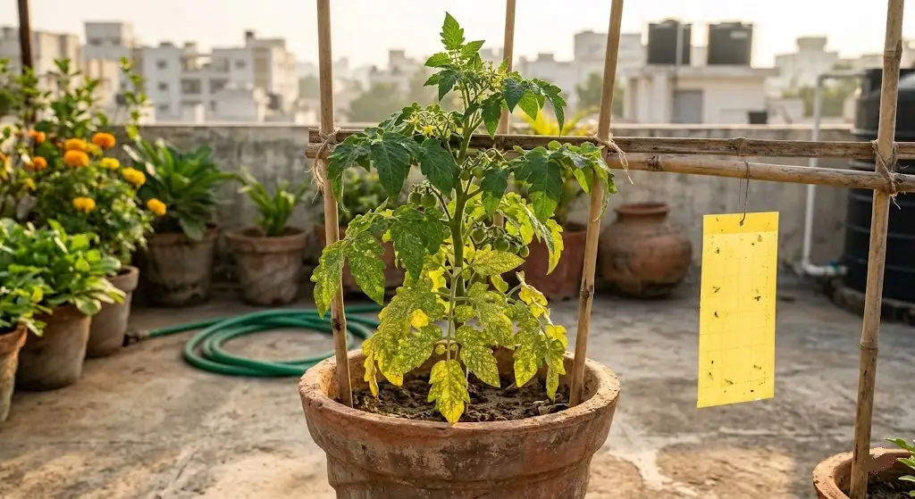 Tomato container plant whitefly recovery stippled yellowed old leaves below clean healthy new leaves growing tip