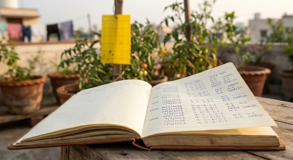 Gardening notebook whitefly trap count data June-August 2023 Madanapalle declining numbers 6-day protocol