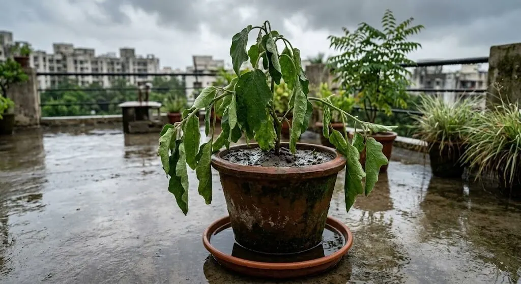 Brinjal plant wilting in terracotta pot with wet soil and full saucer during Indian monsoon