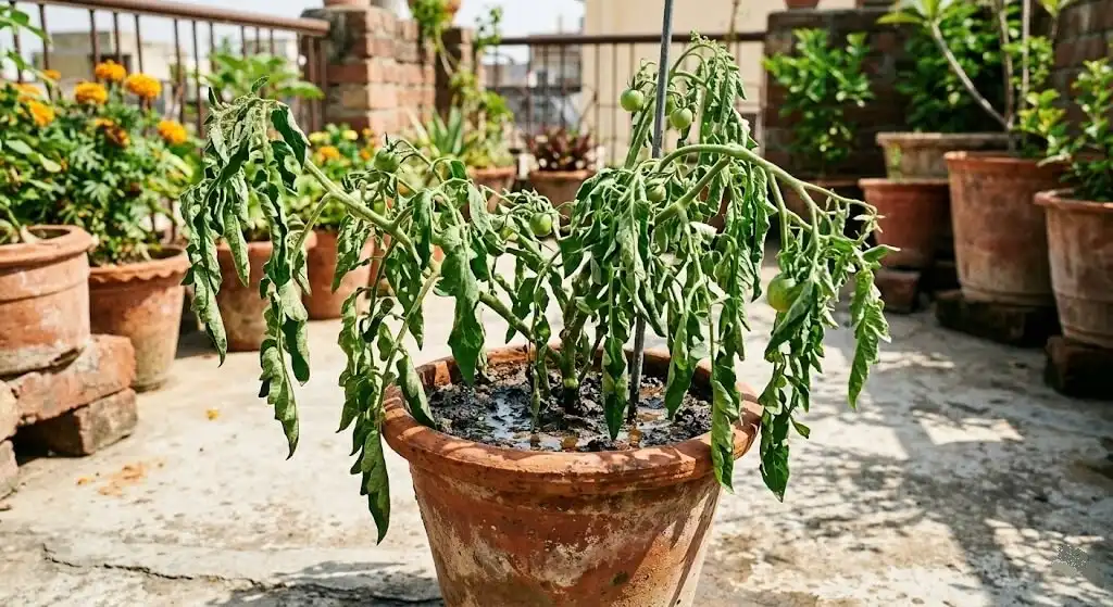 Container tomato plant wilting on Indian summer terrace despite visibly wet moist soil — classic overwatering vs underwatering confusion