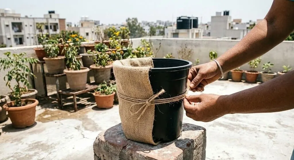 Wrapping black plastic pot in jute fabric to reflect heat and reduce soil temperature on Indian terrace