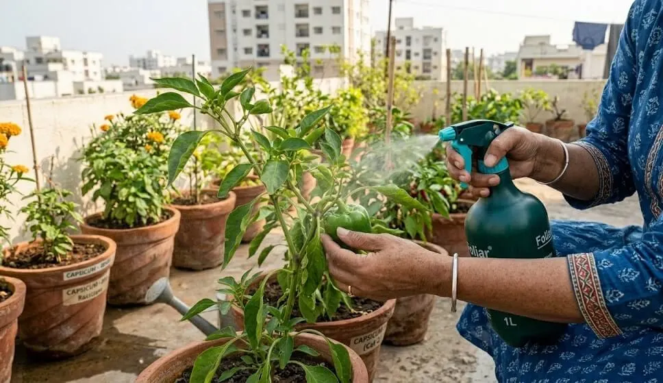 Written watering instruction card beside volume-marked watering can for neighbour cover watering during absence — prevents surge and drought fruit drop