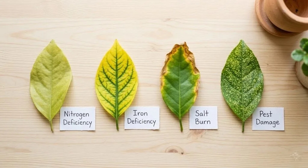 Four types of yellow leaf patterns — nitrogen deficiency, iron deficiency, salt burn, and spider mite damage comparison