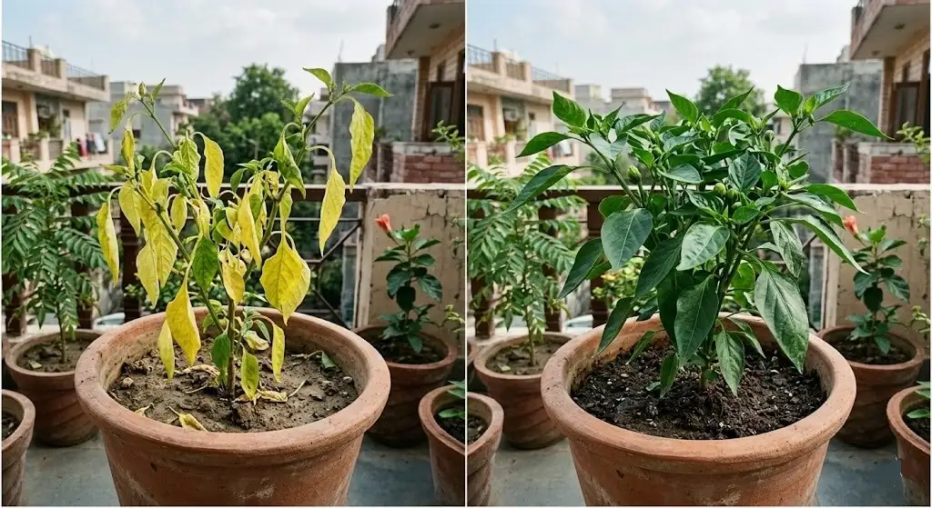 Before and after — capsicum plant recovering from 60% yellow leaves to healthy green growth and flowering in 6 weeks on Indian balcony