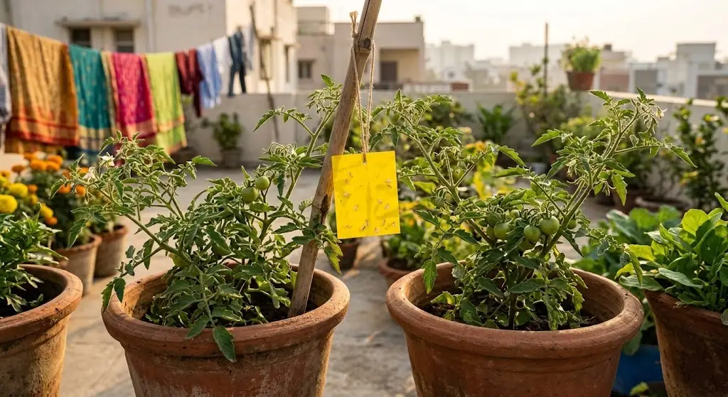 Yellow sticky trap at mid-canopy height between tomato containers Indian apartment terrace weekly monitoring