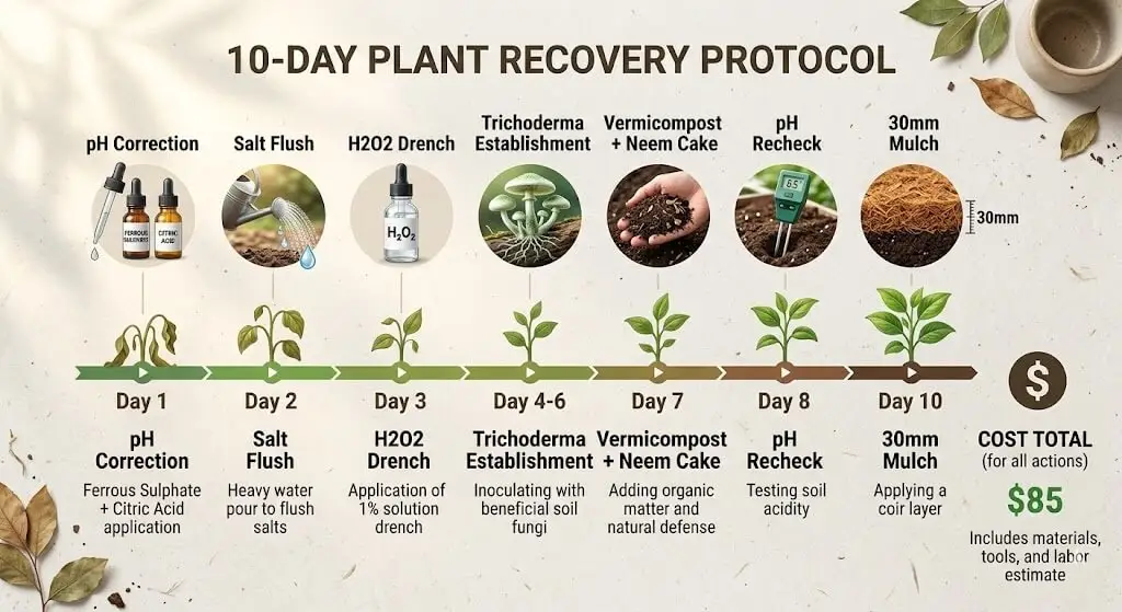 Clean horizontal timeline from Day 1 to Day 10. Day 1: pH correction (ferrous sulphate + citric acid bottle icon). Day 2: salt flush (water pour icon). Day 3: H2O2 drench (pharmacy bottle icon). Days 4-6: Trichoderma establishment (mushroom/fungus icon). Day 7: vermicompost + neem cake (hand with soil icon). Day 8: pH recheck. Day 10: 30mm mulch (coir layer icon). Cost total at end.